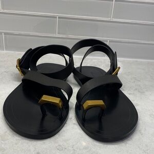 Massimo Dutti Black leather Sandals with brass Gold hardware- ankle strap